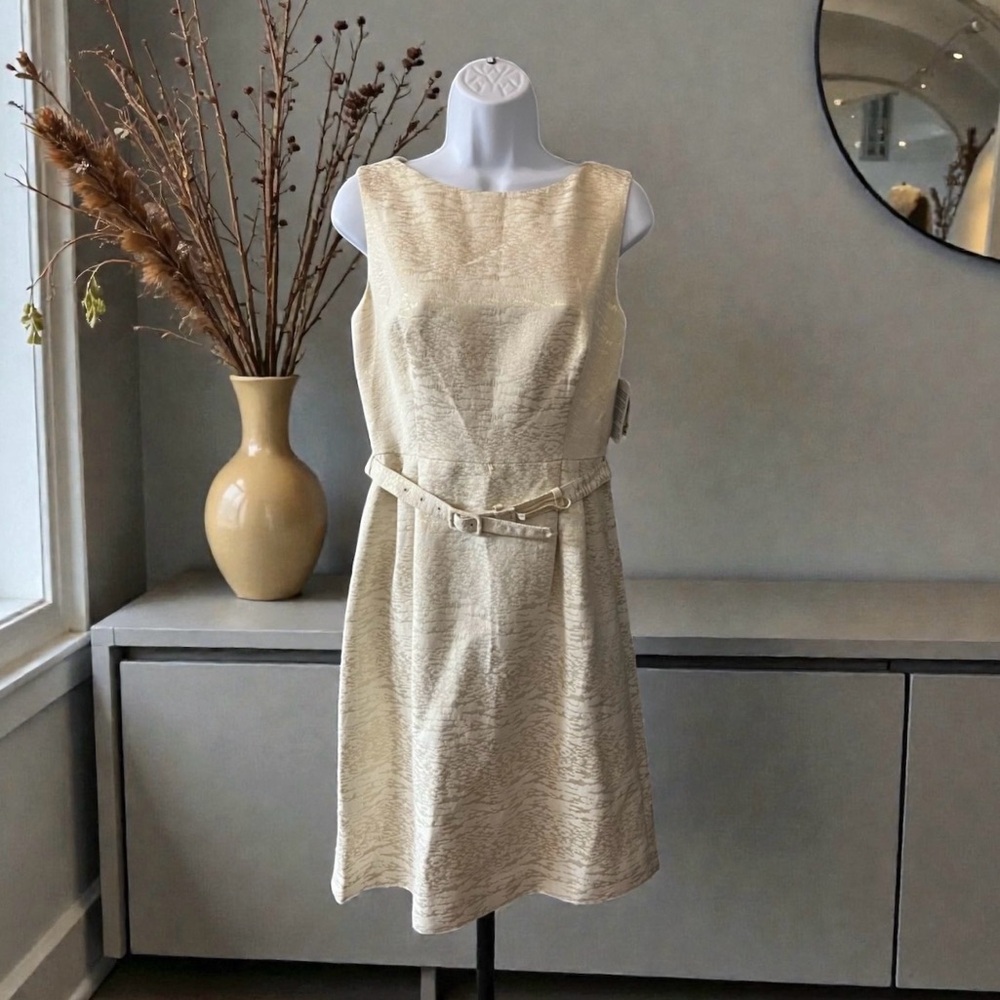 Anne Klein Cream & Gold Metallic Jacquard Dress (NWT) – Size 4 - Picture 1 of 7